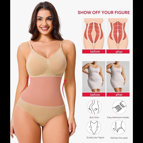 Women’s Ribbed Round Neck Tummy Control Brief Bodysuit Shapewear - Picture 3 of 9